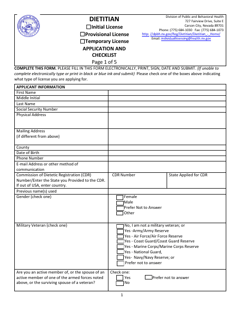 Dietitian Application and Checklist - Nevada