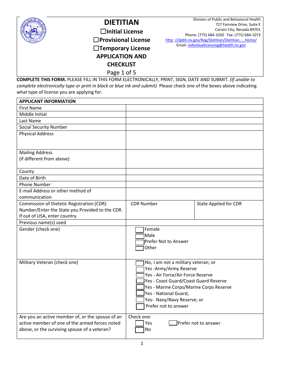 Dietitian Application and Checklist - Nevada, Page 1