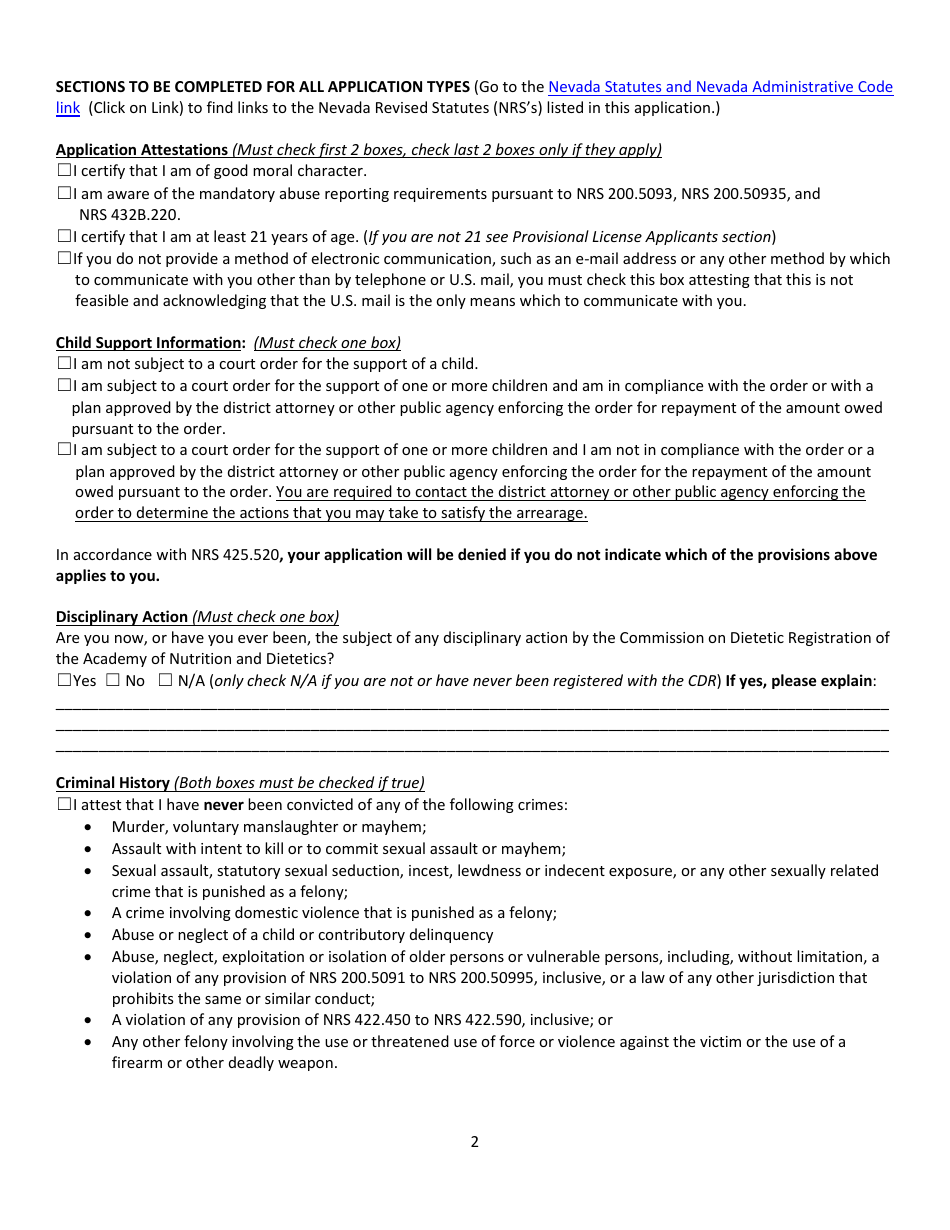 Dietitian Application and Checklist - Nevada, Page 2