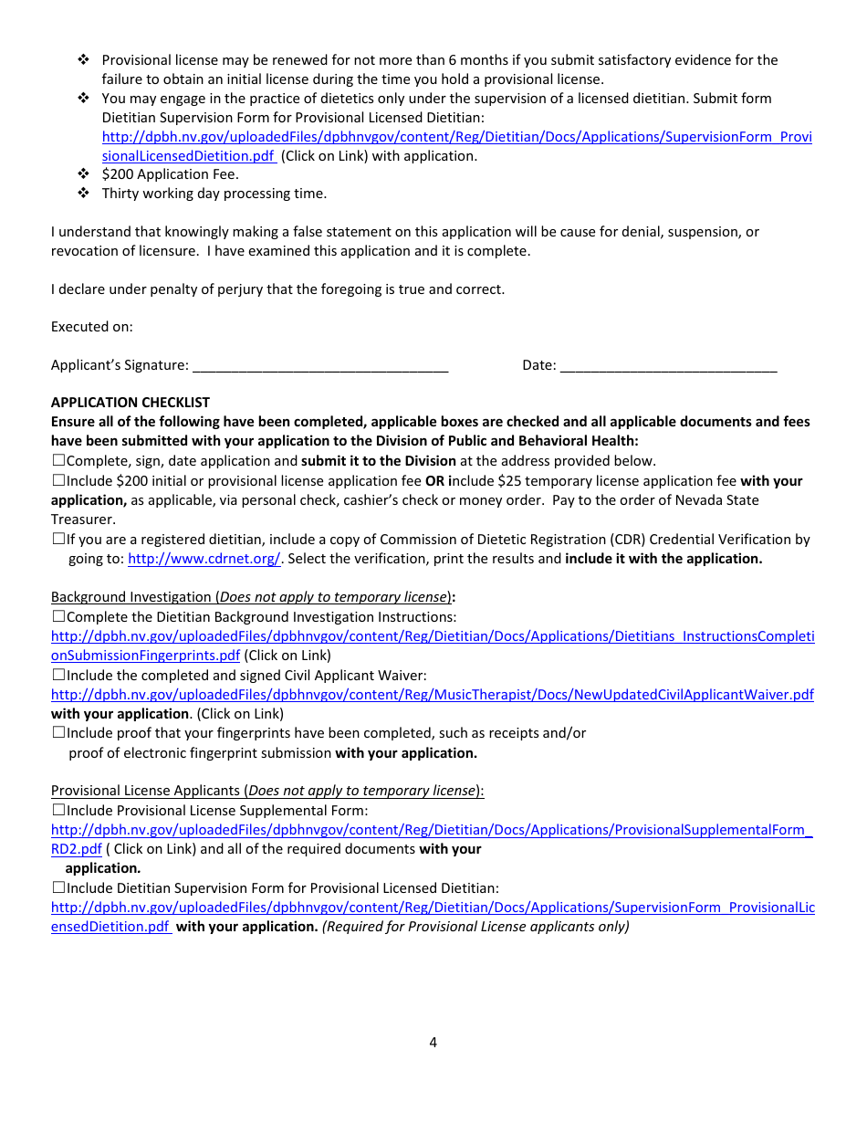 Dietitian Application and Checklist - Nevada, Page 4