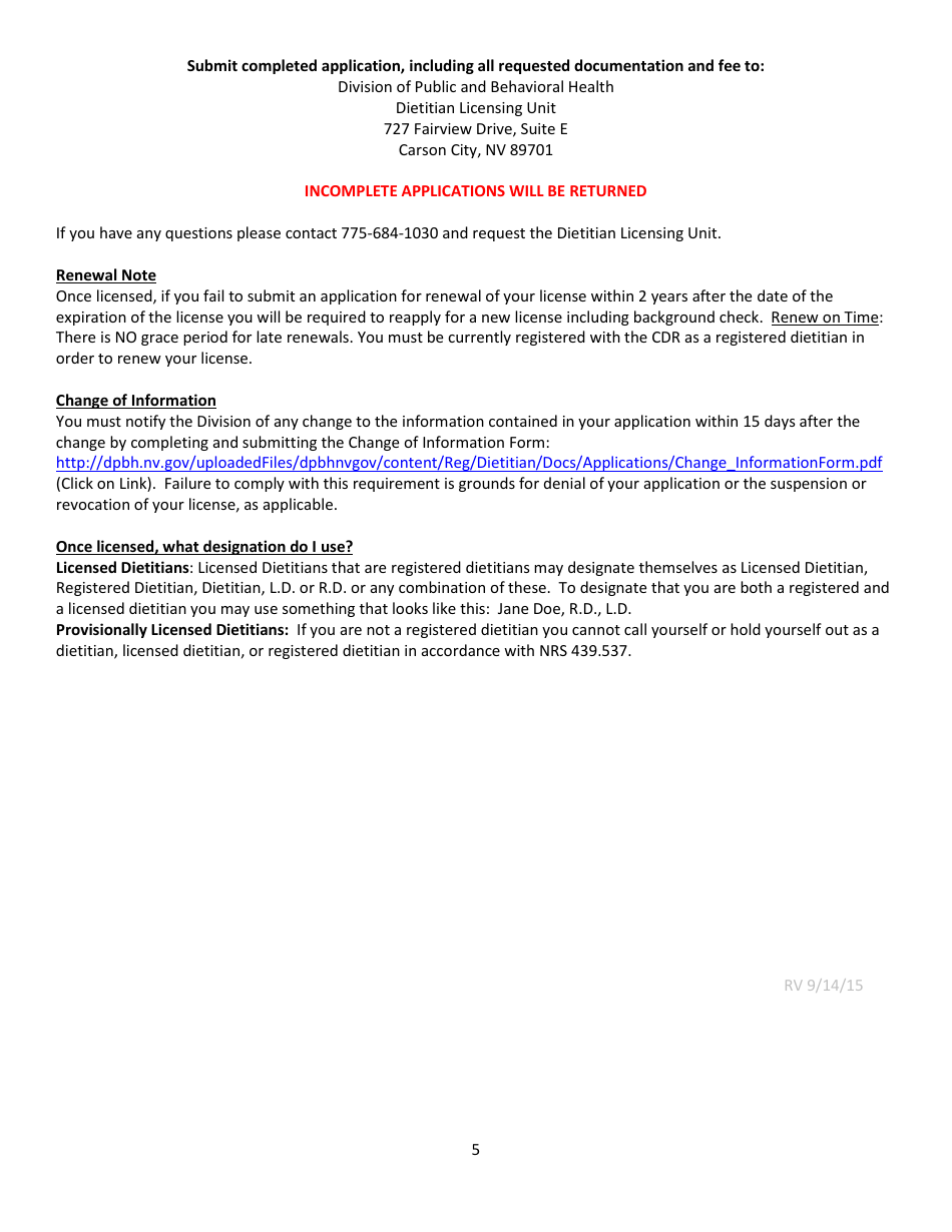 Dietitian Application and Checklist - Nevada, Page 5