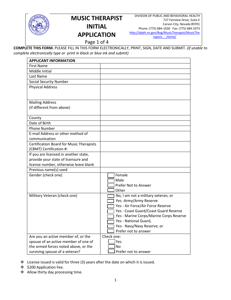 Music Therapist Initial Application Form - Nevada, Page 1