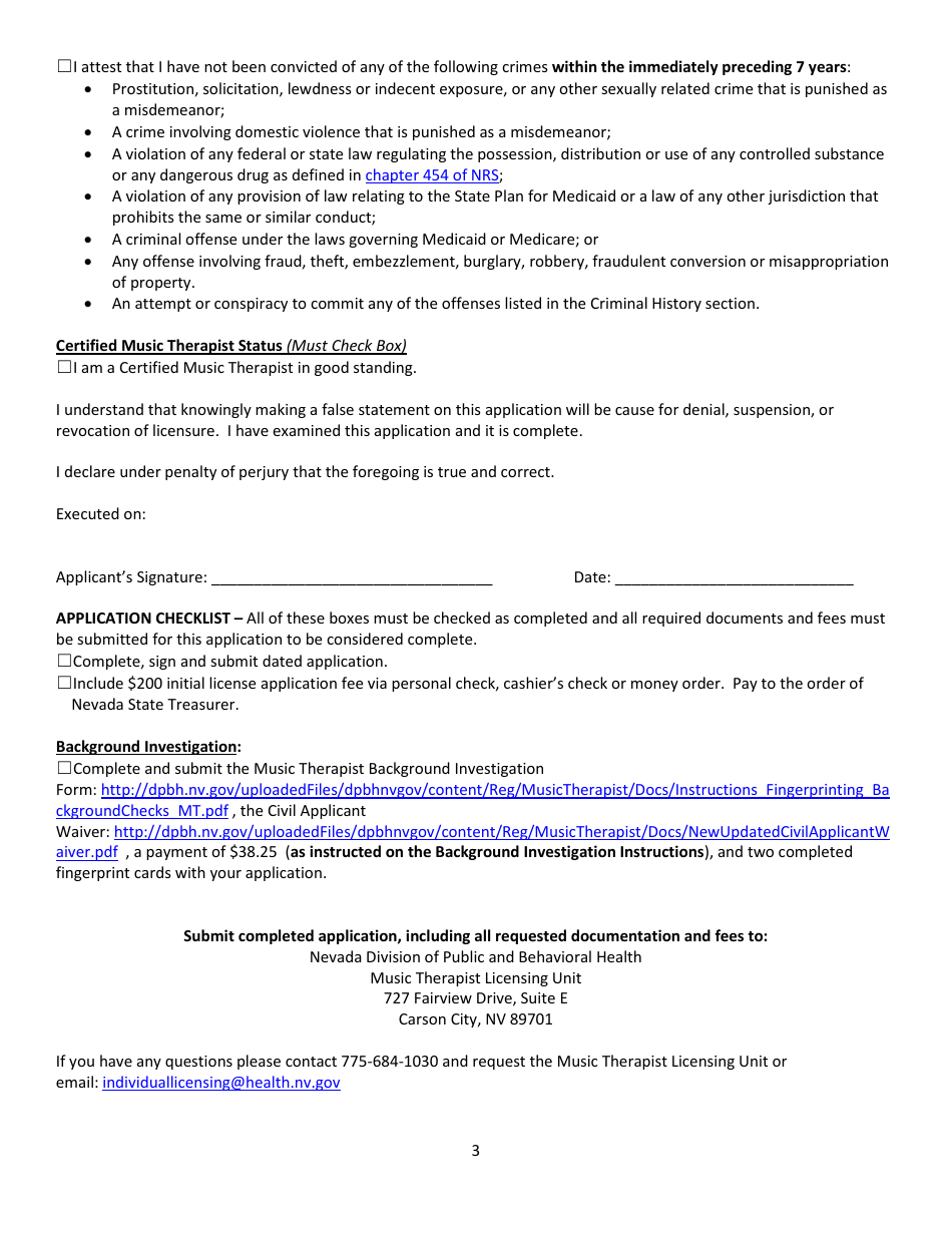 Music Therapist Initial Application Form - Nevada, Page 3