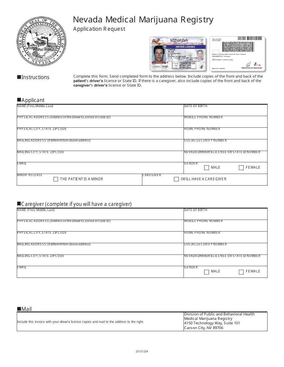 Application Request Form - Nevada Medical Marijuana Registry - Nevada, Page 1