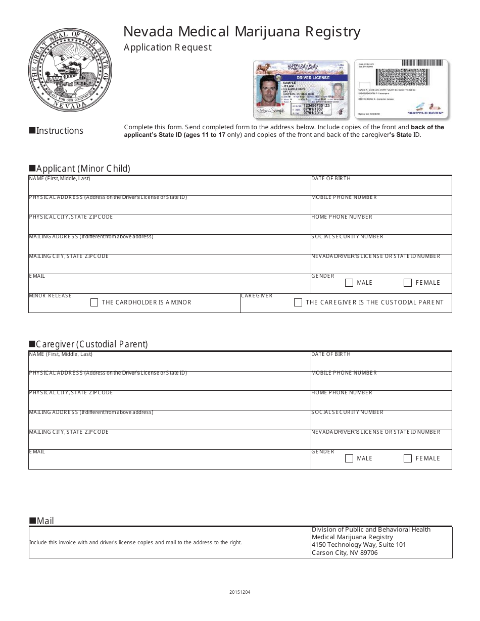 Minor Application Request Form - Nevada Medical Marijuana Registry - Nevada, Page 1