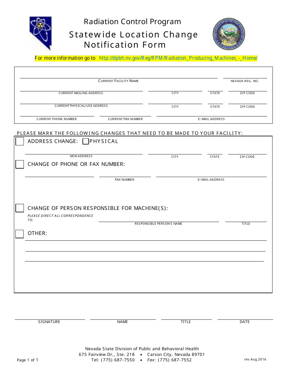 Statewide Location Change Notification Form - Radiation Control Program - Nevada, Page 1
