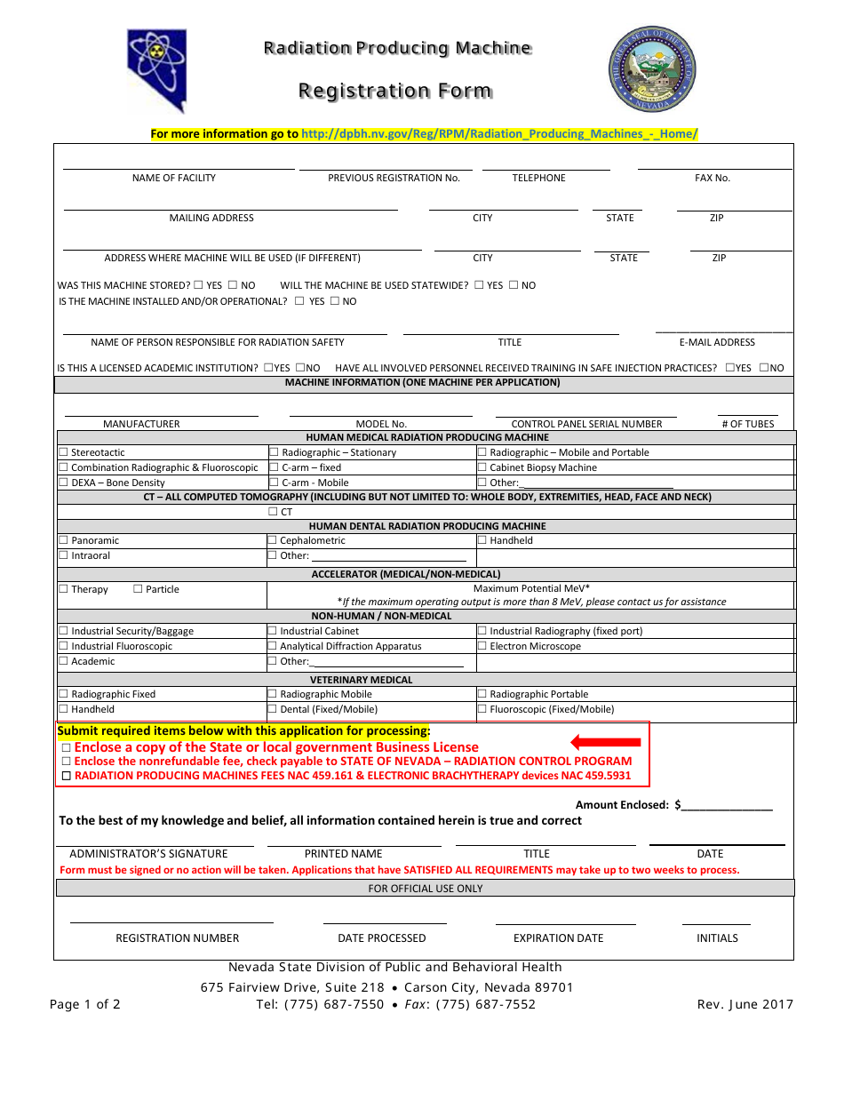 Radiation Producing Machine Registration Form - Nevada, Page 1