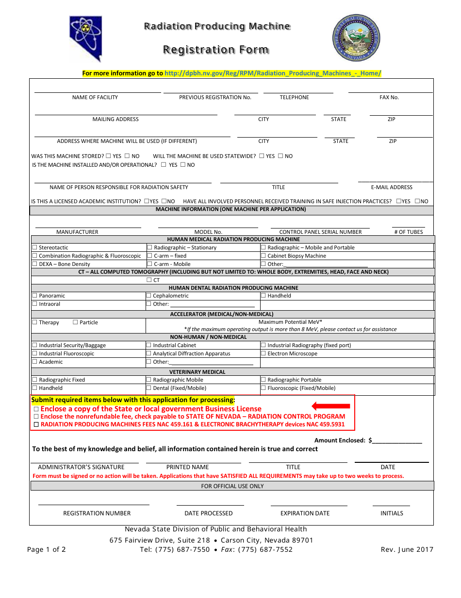 Nevada Radiation Producing Machine Registration Form Fill Out, Sign