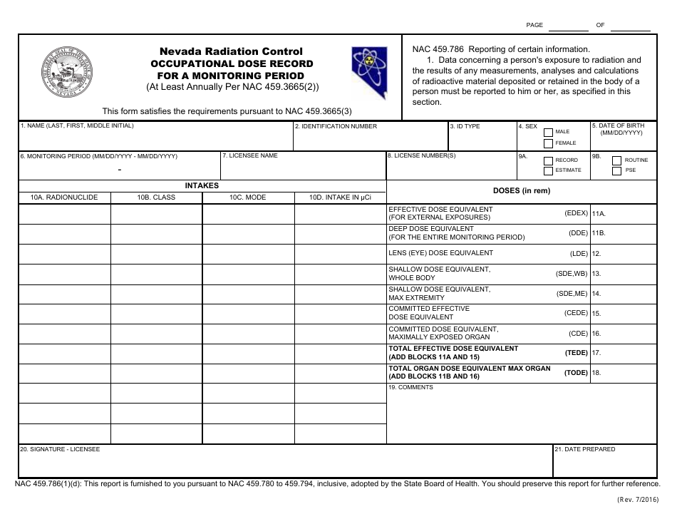 Occupational Dose Record for a Monitoring Period - Nevada, Page 1