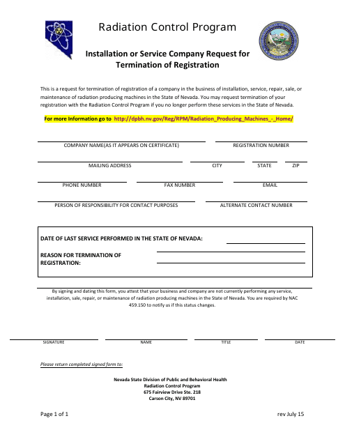 Installation or Service Company Request for Termination of Registration - Radiation Control Registration - Nevada Download Pdf