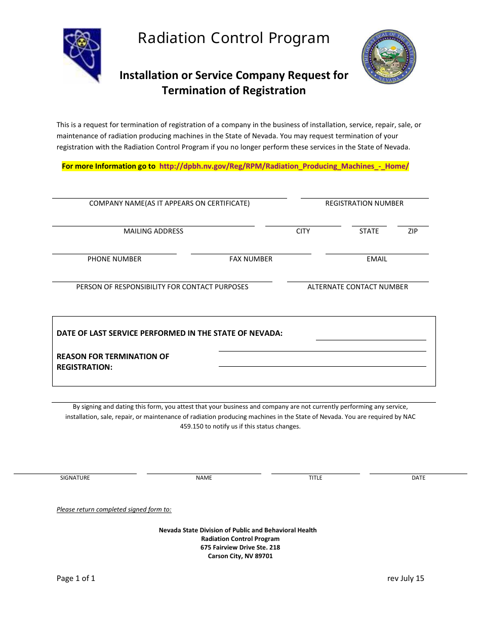 Installation or Service Company Request for Termination of Registration - Radiation Control Registration - Nevada, Page 1