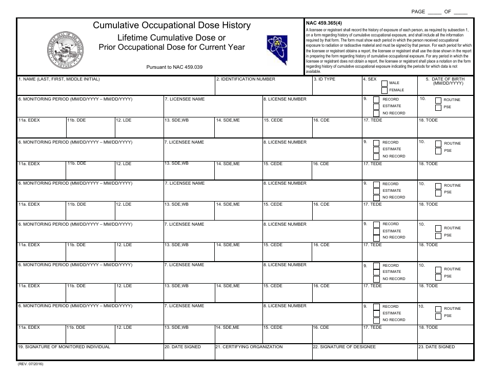 Form 5 Cumulative Occupational Dose History Form - Lifetime Cumulative Dose or Prior Occupational Dose for Current Year - Nevada, Page 1