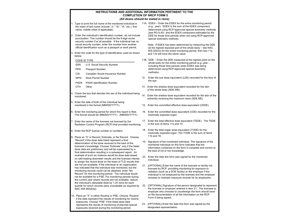 Form 5 Cumulative Occupational Dose History Form - Lifetime Cumulative Dose or Prior Occupational Dose for Current Year - Nevada, Page 2