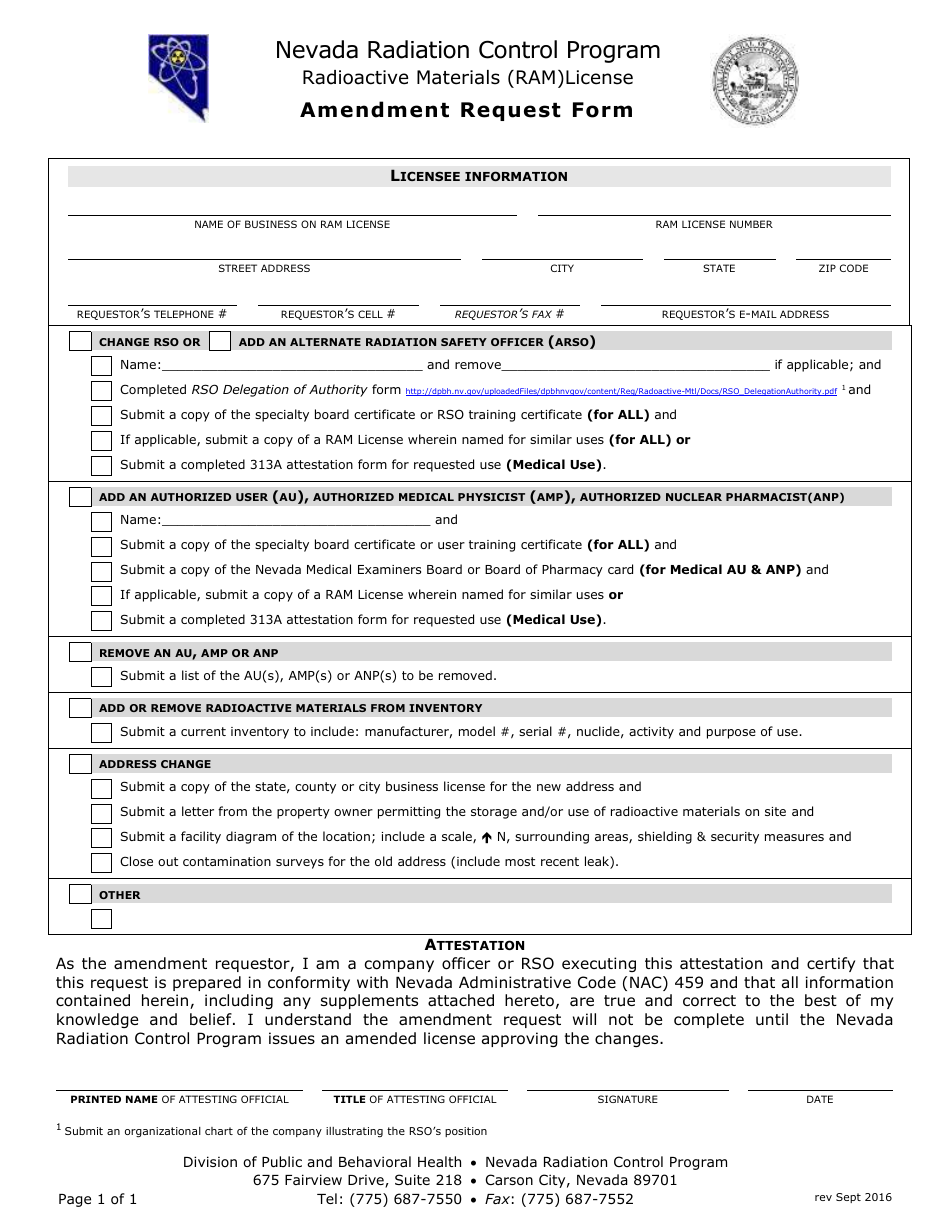 Amendment Request Form - Nevada Radiation Control Program - Nevada, Page 1
