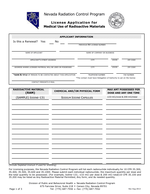 License Application for Medical Use of Radioactive Materials - Nevada Radiation Control Program - Nevada Download Pdf
