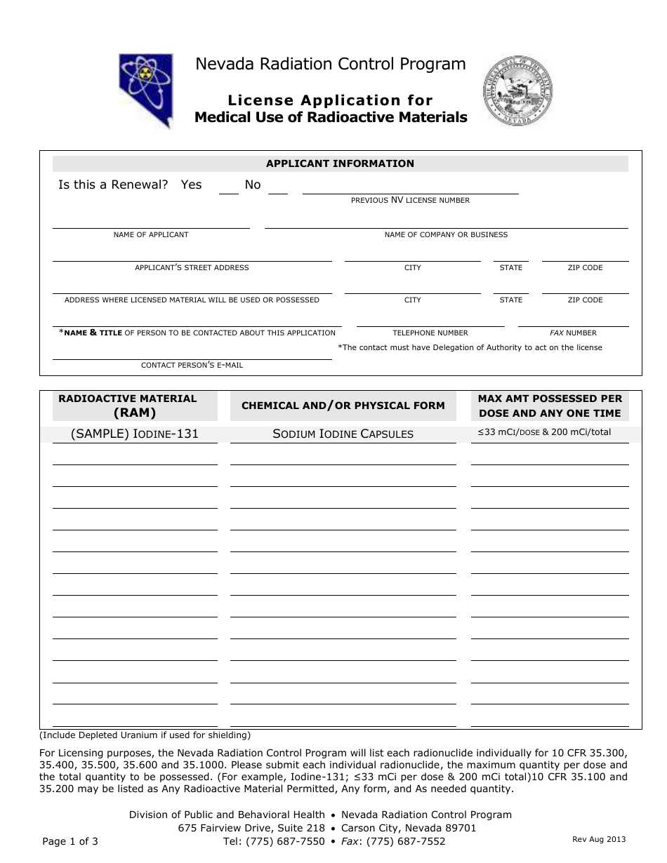 License Application for Medical Use of Radioactive Materials - Nevada Radiation Control Program - Nevada, Page 1