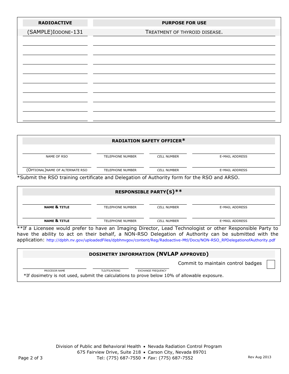 License Application for Medical Use of Radioactive Materials - Nevada Radiation Control Program - Nevada, Page 2
