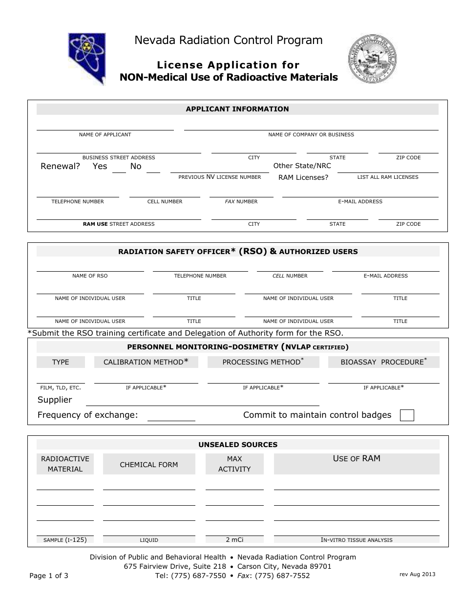 License Application for Non-medical Use of Radioactive Materials - Nevada Radiation Control Program - Nevada, Page 1