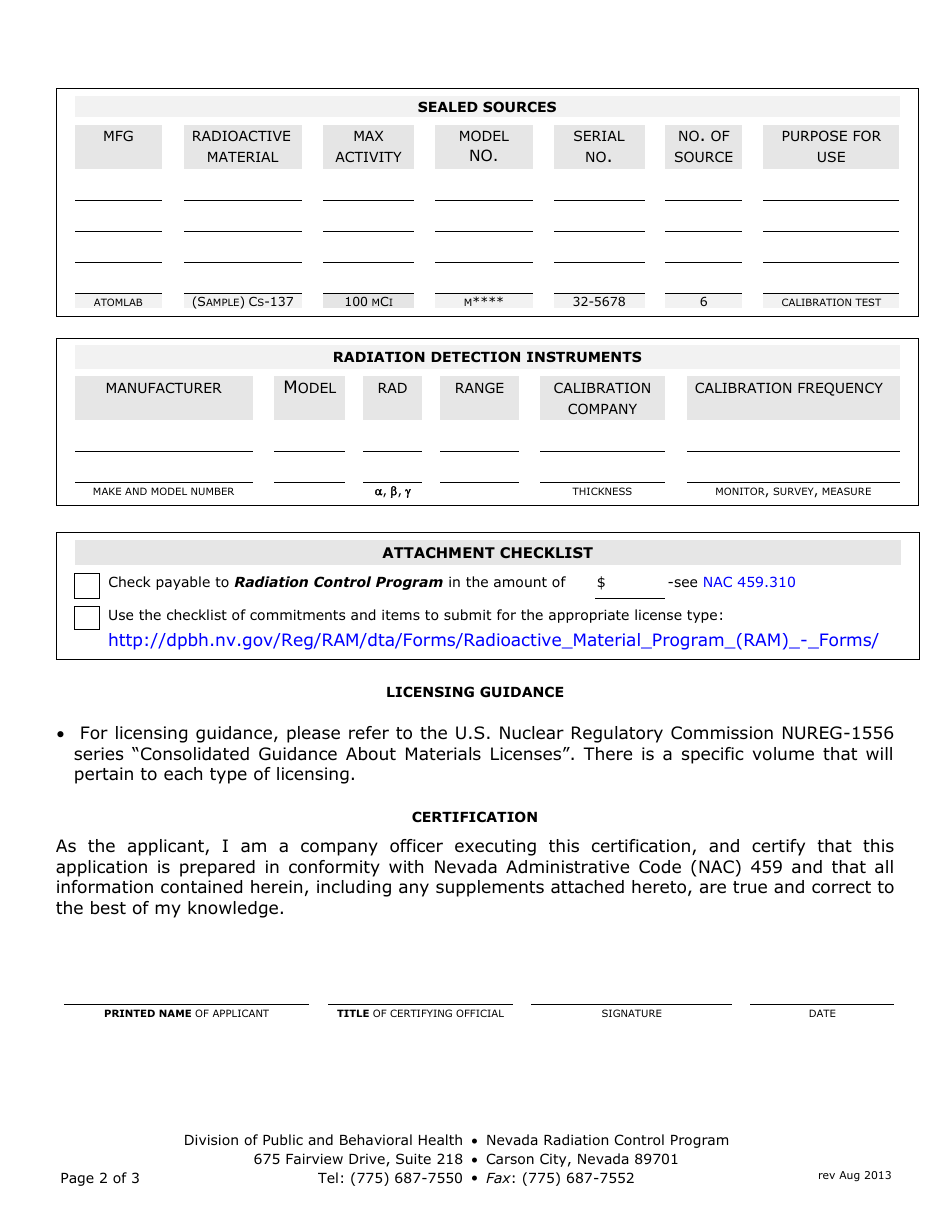 License Application for Non-medical Use of Radioactive Materials - Nevada Radiation Control Program - Nevada, Page 2