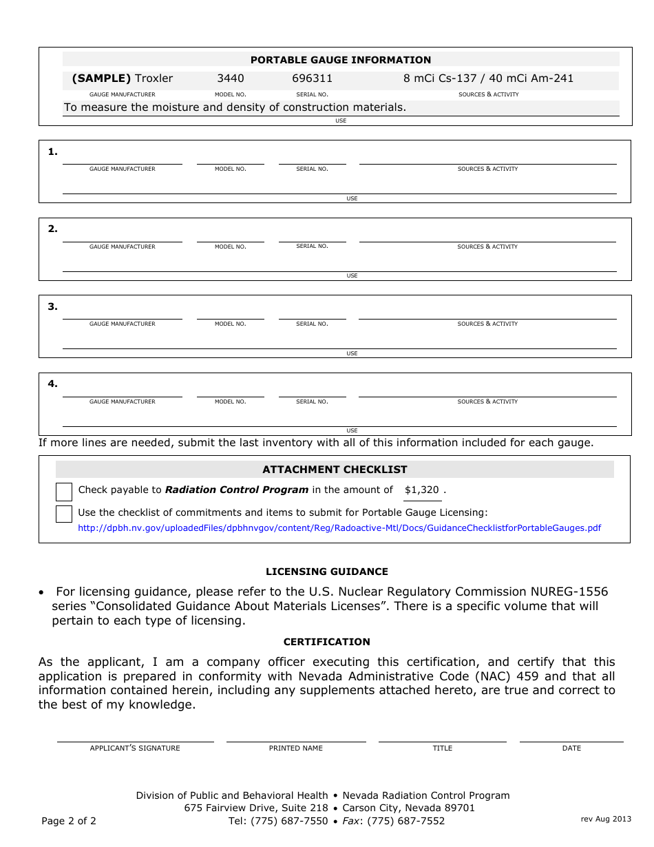 License Application for Portable Nuclear Density Gauge - Nevada Radiation Control Program - Nevada, Page 2