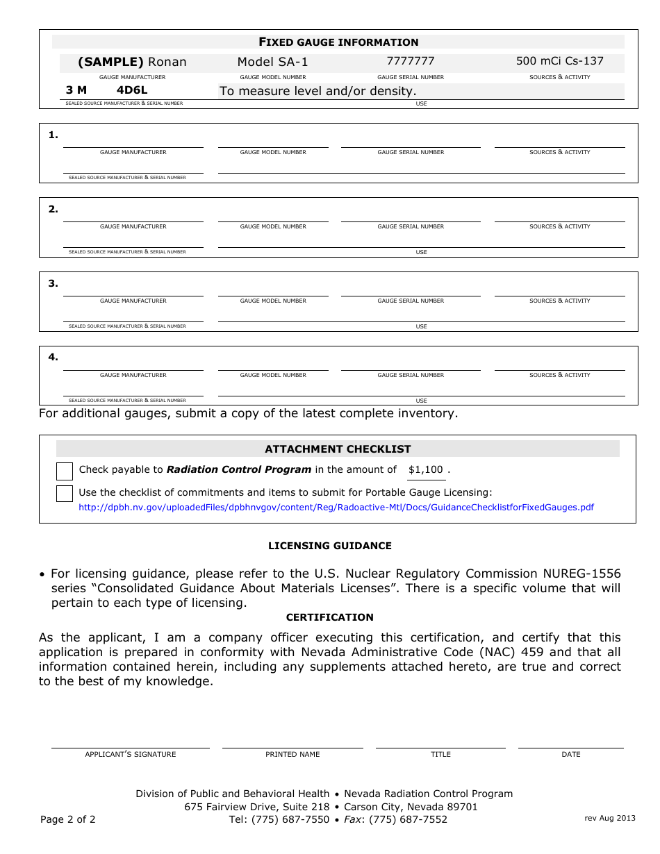 License Application for Fixed Nuclear Density Gauge - Nevada Radiation Control Program - Nevada, Page 2