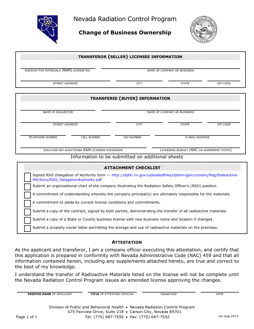 Change of Business Ownership Form - Nevada Radiation Control Program - Nevada Download Pdf