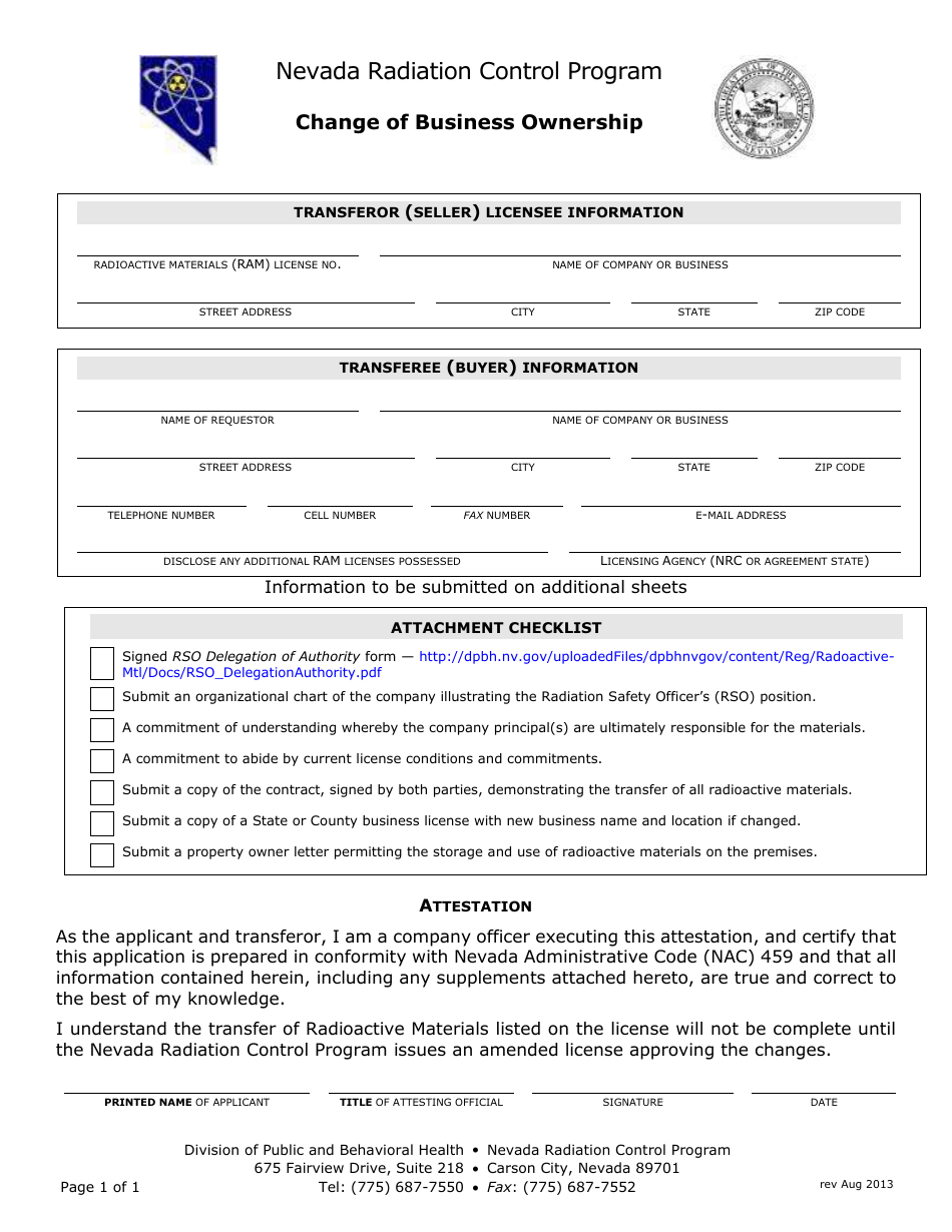Change of Business Ownership Form - Nevada Radiation Control Program - Nevada, Page 1
