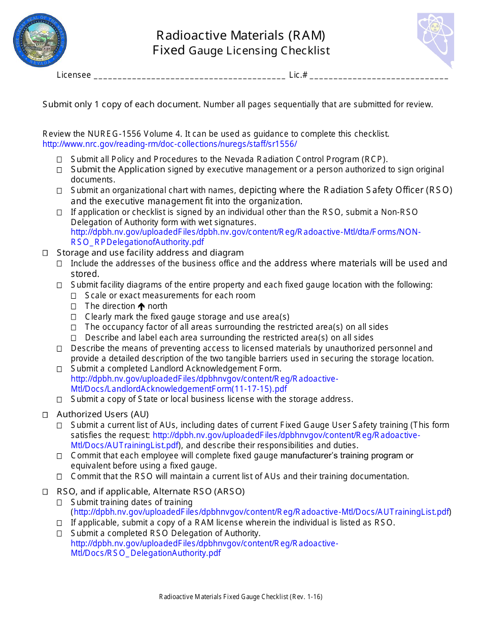 Radioactive Materials (Ram) Fixed Gauge Licensing Checklist - Nevada, Page 1