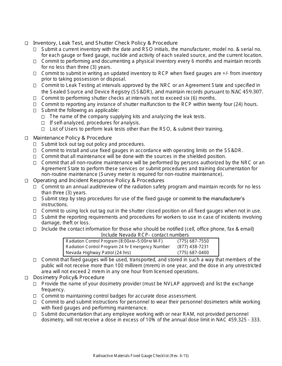 Radioactive Materials (Ram) Fixed Gauge Licensing Checklist - Nevada, Page 2