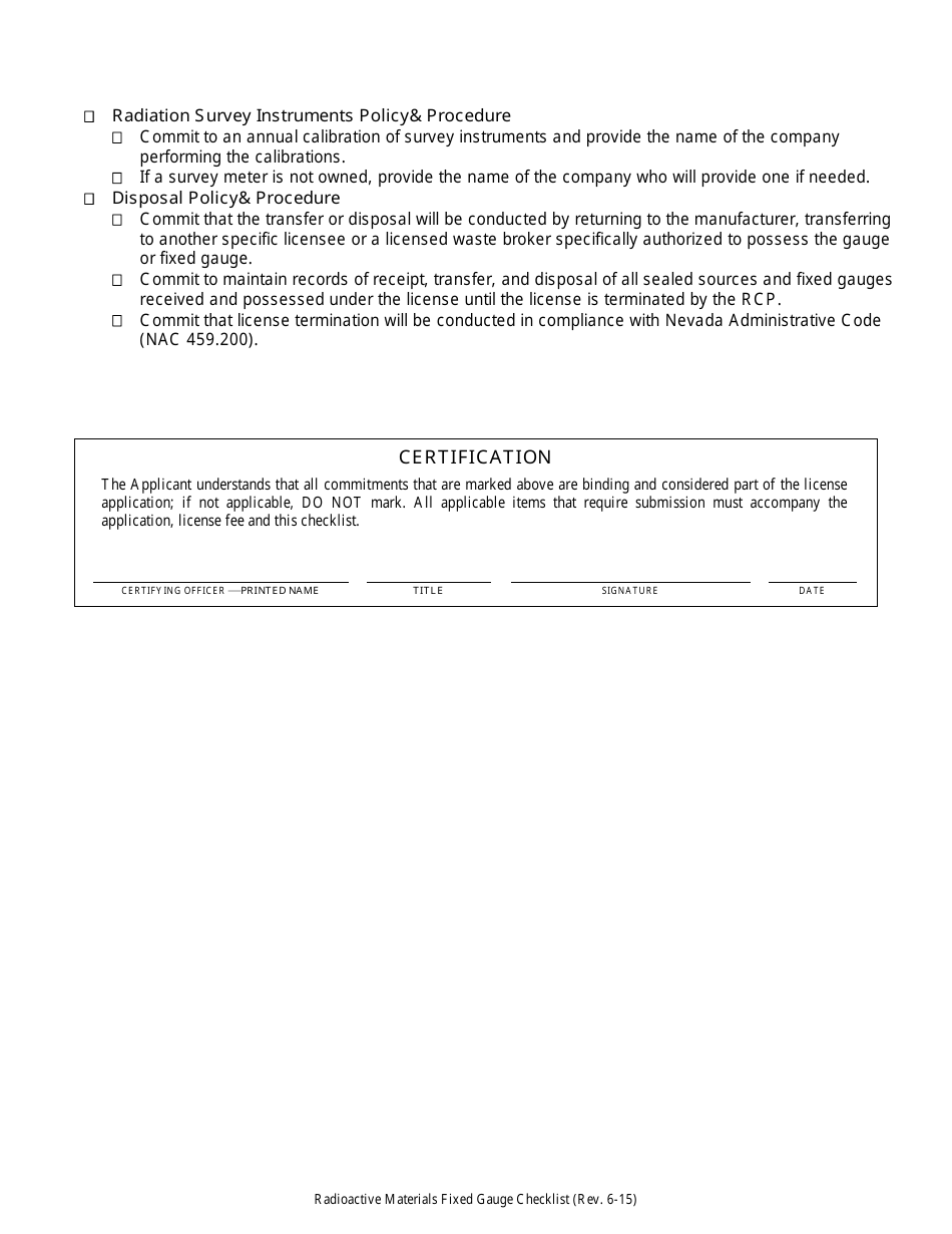 Radioactive Materials (Ram) Fixed Gauge Licensing Checklist - Nevada, Page 3