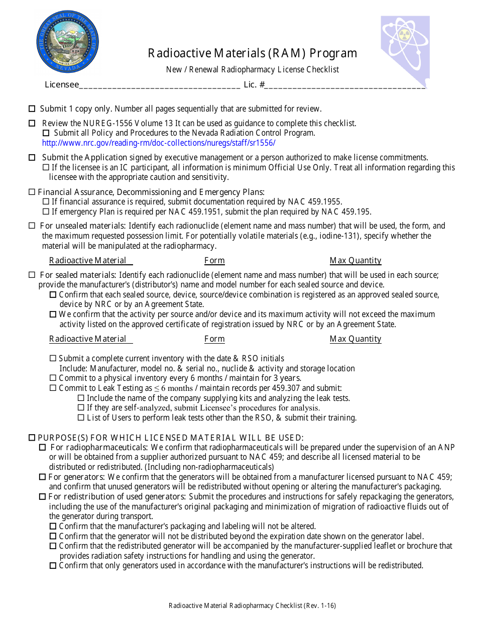 New / Renewal Radiopharmacy License Checklist - Radioactive Materials (Ram) Program - Nevada, Page 1