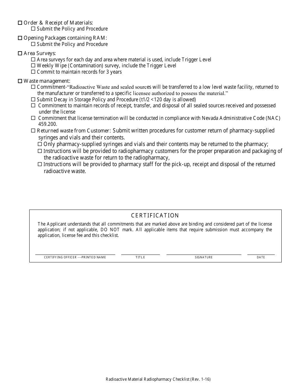 New / Renewal Radiopharmacy License Checklist - Radioactive Materials (Ram) Program - Nevada, Page 4