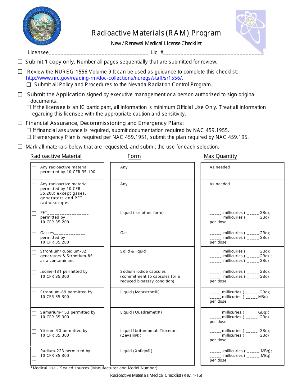 New / Renewal Medical License Checklist -radioactive Materials (Ram) Program - Nevada, Page 1