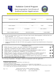 Document preview: Mammographer Certificate of Authorization Application Form - Radiation Control Program - Nevada