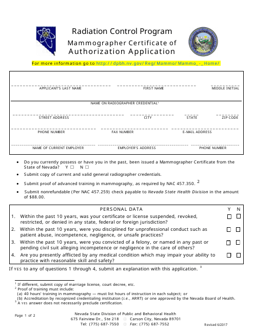 Mammographer Certificate of Authorization Application Form - Radiation Control Program - Nevada Download Pdf