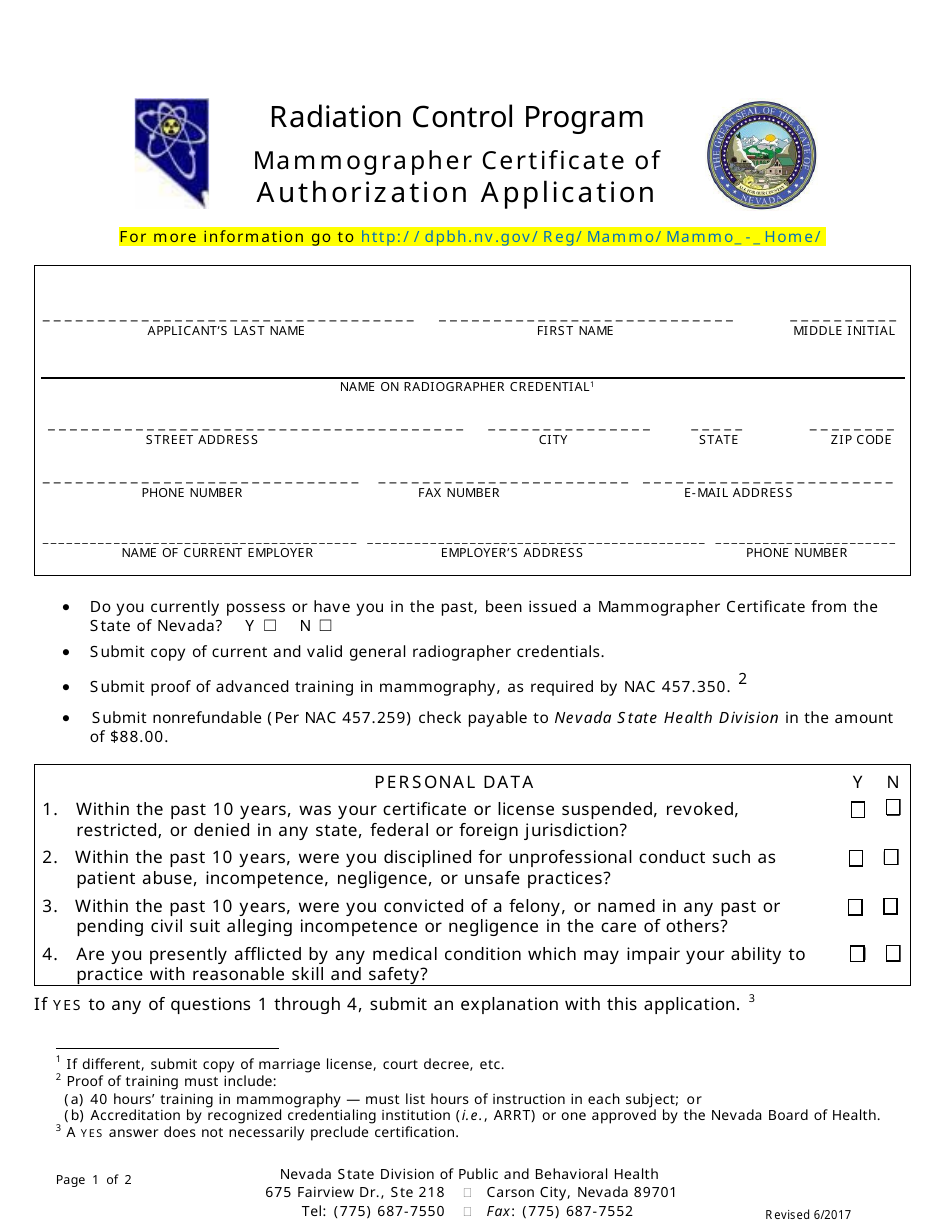 Mammographer Certificate of Authorization Application Form - Radiation Control Program - Nevada, Page 1