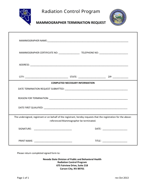 Mammographer Termination Request Form - Radiation Control Program - Nevada Download Pdf
