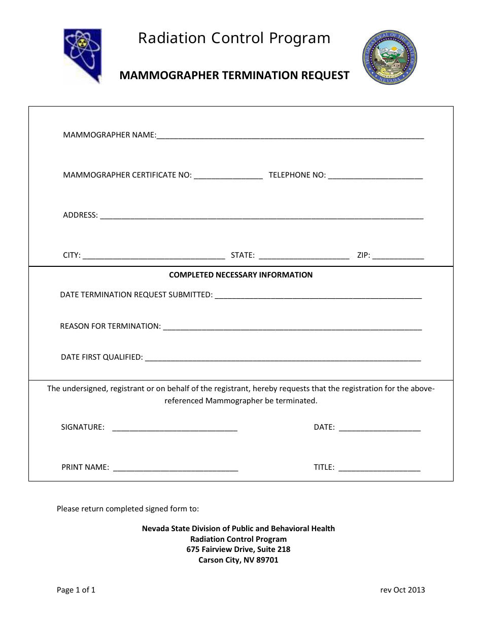 Mammographer Termination Request Form - Radiation Control Program - Nevada, Page 1