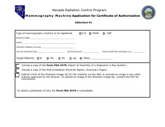 Document preview: Addendum 1 Mammography Machine Application for Certificate of Authorization - Nevada Radiation Control Program - Nevada