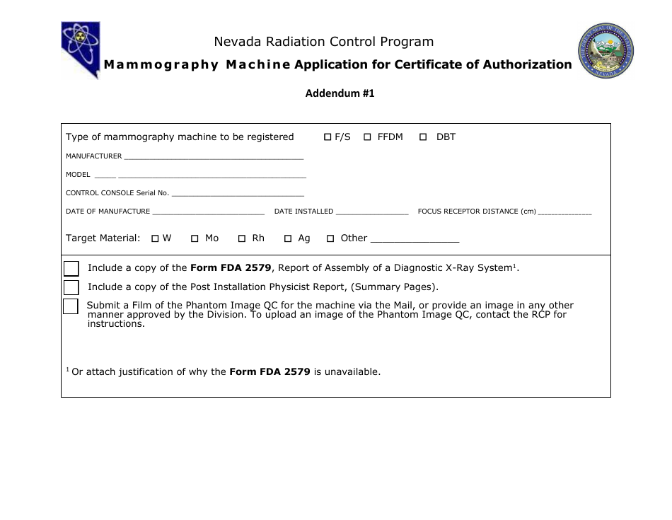 Addendum 1 Mammography Machine Application for Certificate of Authorization - Nevada Radiation Control Program - Nevada, Page 1