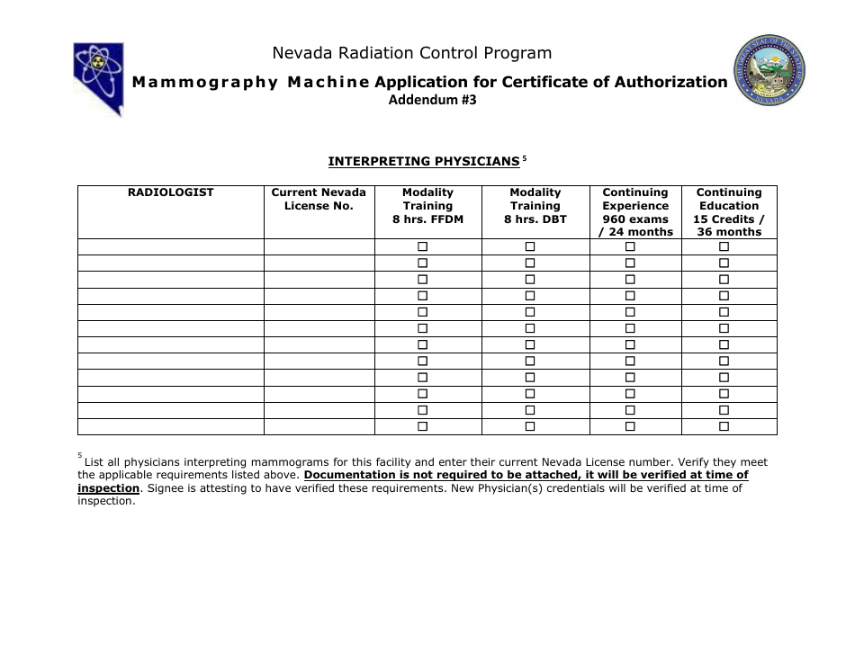 Addendum 3 Mammography Machine Application for Certificate of Authorization - Nevada Radiation Control Program - Nevada, Page 1