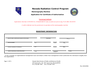 Document preview: Mammography Machine Application for Certificate of Authorization - Nevada Radiation Control Program - Nevada