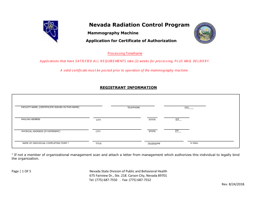 Mammography Machine Application for Certificate of Authorization - Nevada Radiation Control Program - Nevada Download Pdf