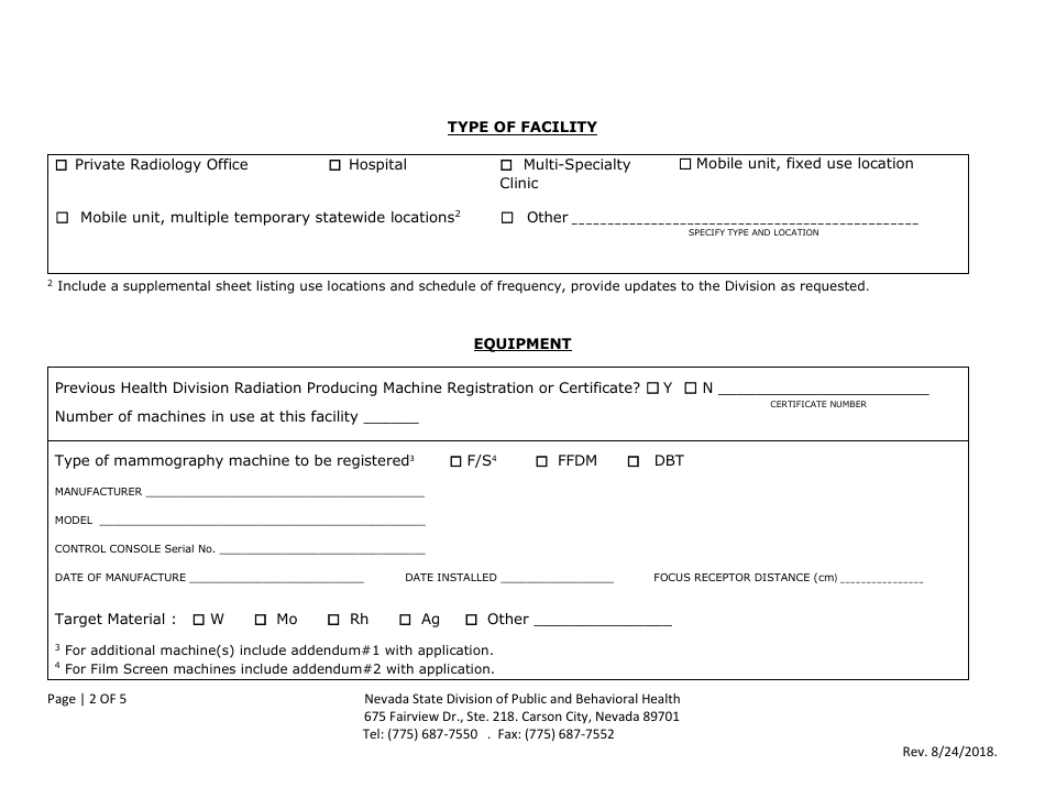 Mammography Machine Application for Certificate of Authorization - Nevada Radiation Control Program - Nevada, Page 2