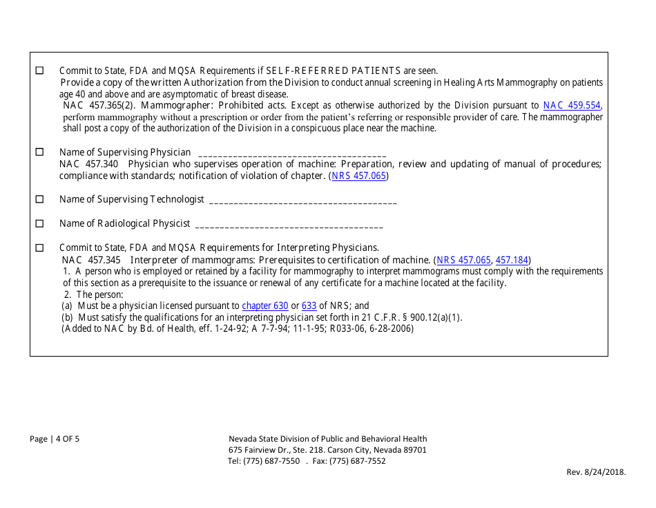 Mammography Machine Application for Certificate of Authorization - Nevada Radiation Control Program - Nevada, Page 4