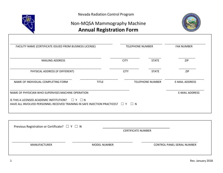 Non-mqsa Mammography Machine Annual Registration Form - Nevada Radiation Control Program - Nevada, Page 1