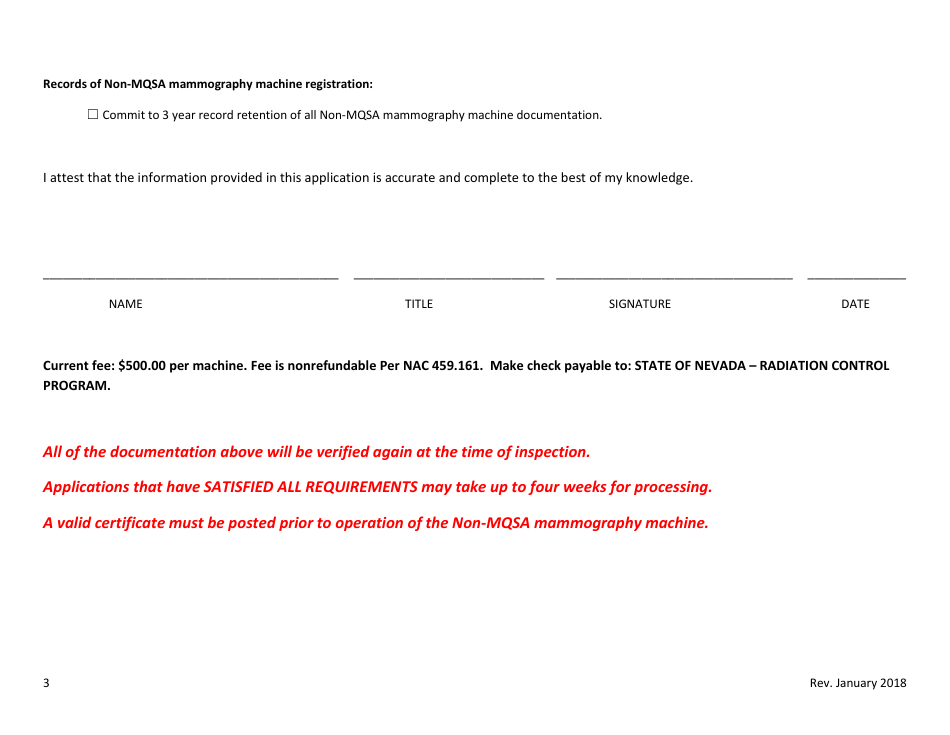 Non-mqsa Mammography Machine Annual Registration Form - Nevada Radiation Control Program - Nevada, Page 3