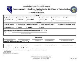 Document preview: Addendum 2 Mammography Machine Application for Certificate of Authorization - Nevada Radiation Control Program - Nevada