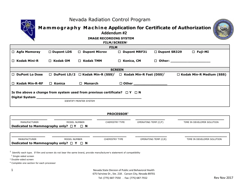 Addendum 2 Mammography Machine Application for Certificate of Authorization - Nevada Radiation Control Program - Nevada