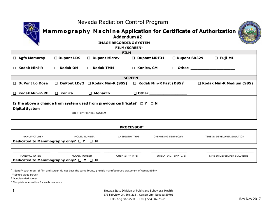 Addendum 2 Mammography Machine Application for Certificate of Authorization - Nevada Radiation Control Program - Nevada, Page 1